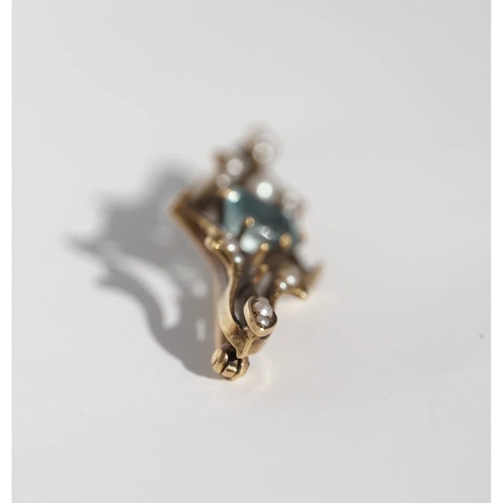 Antique Edwardian 14k Gold Aquamarine Seed Pearl Bar Brooch Art Nouveau c1905 - Picture 3 of 12